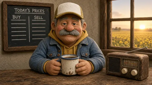 Guy Gambles at his kitchen table with a coffee and a farm radio