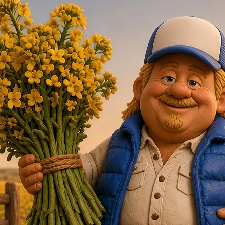 Markos holding a bunch of canola beside his combine