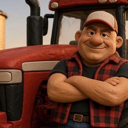 Serge leaning on his red tractor